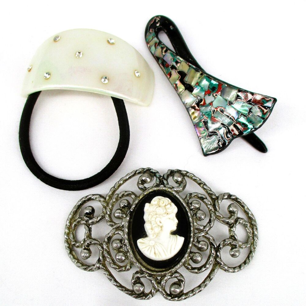Lot of 3 Women's Hair Clip Bling Abalone Rhinestone Barrette Accessory